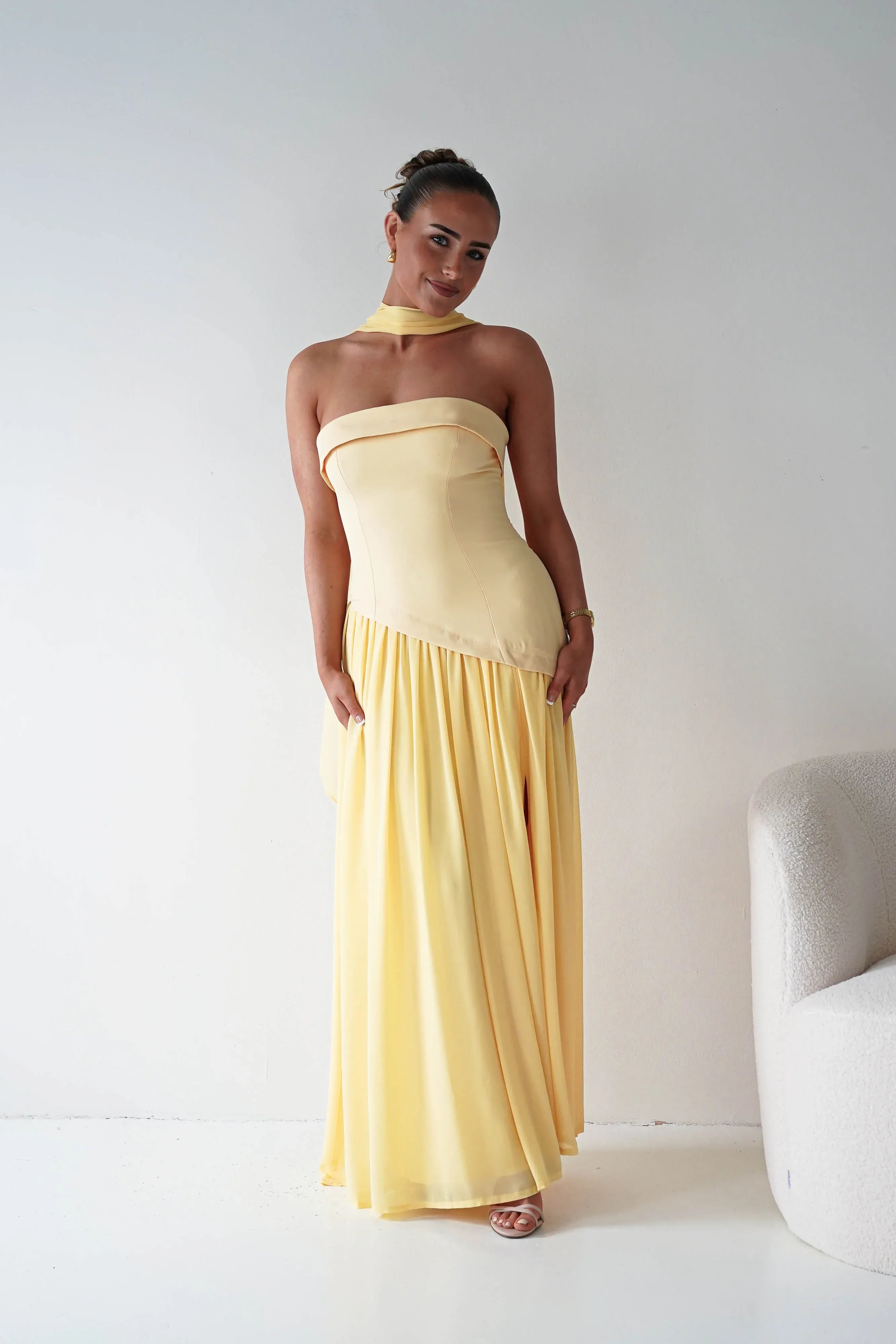Strapless Yellow Chiffon Maxi Bridesmaid Dress with Draped Neck Scarf Detail