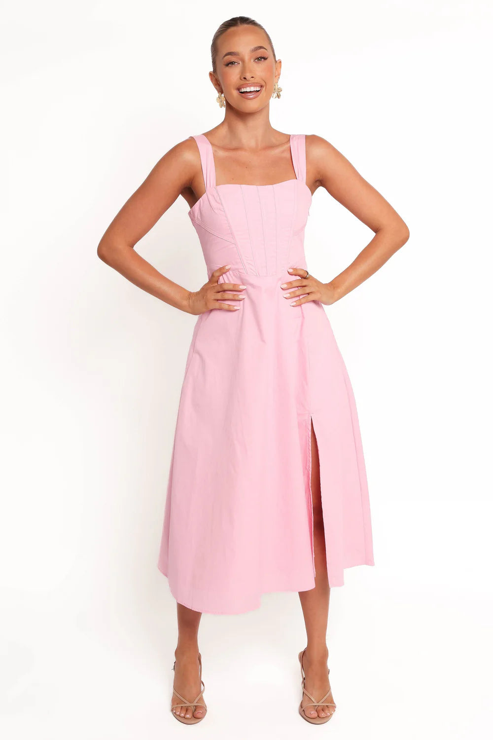 Structured Midi Square-Neck Corset Slit Wedding Guest Dress