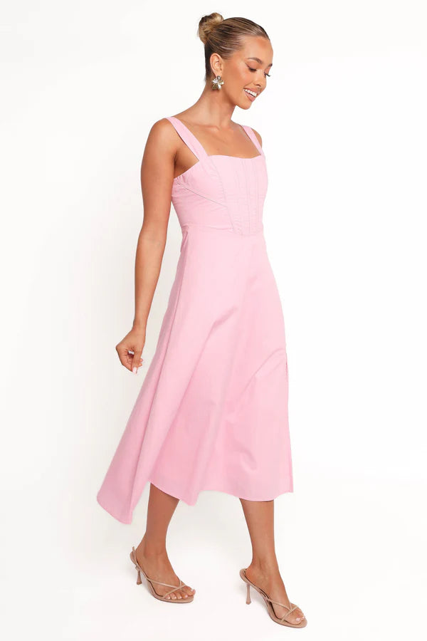 Structured Midi Square-Neck Corset Slit Wedding Guest Dress