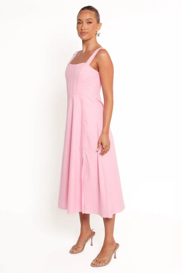 Structured Midi Square-Neck Corset Slit Wedding Guest Dress