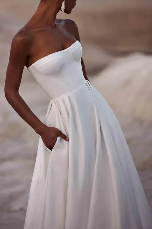 Structured Strapless Sweetheart Satin A-Line Floor-Length Wedding Dress