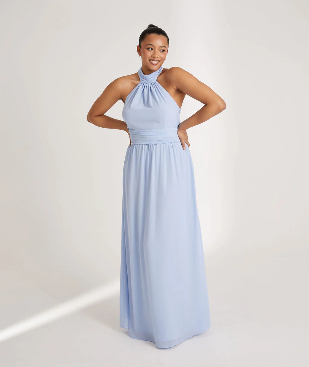 Stylish A-Line Halter Neck Sleeveless Open Back Floor-Length Bridesmaid Dress