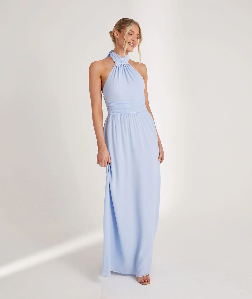 Stylish A-Line Halter Neck Sleeveless Open Back Floor-Length Bridesmaid Dress