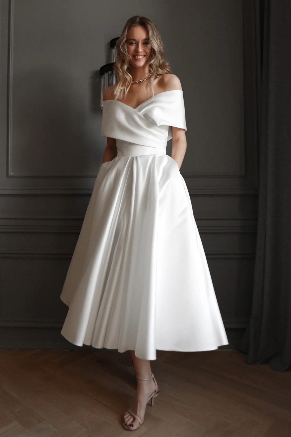 Stylish A Line off-the-shoulder Neck Cap Sleeve Lace-Up Midi-Length Wedding Dress