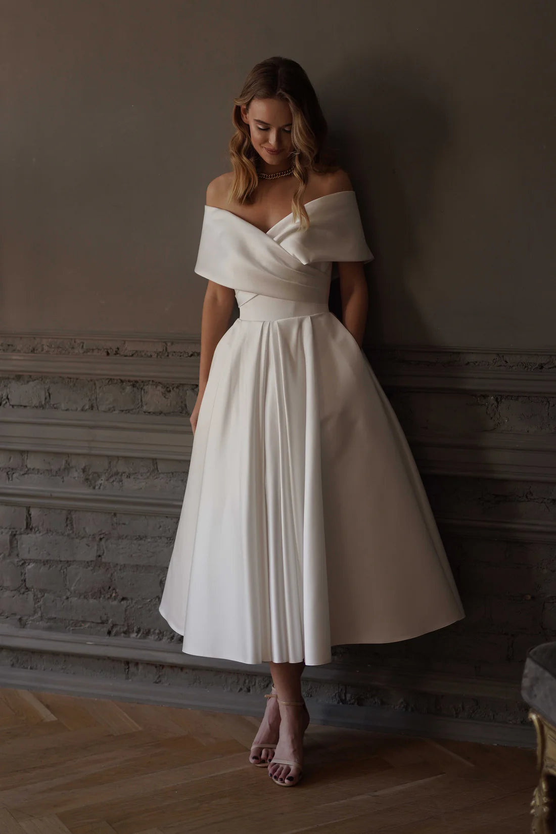 Stylish A Line off-the-shoulder Neck Cap Sleeve Lace-Up Midi-Length Wedding Dress