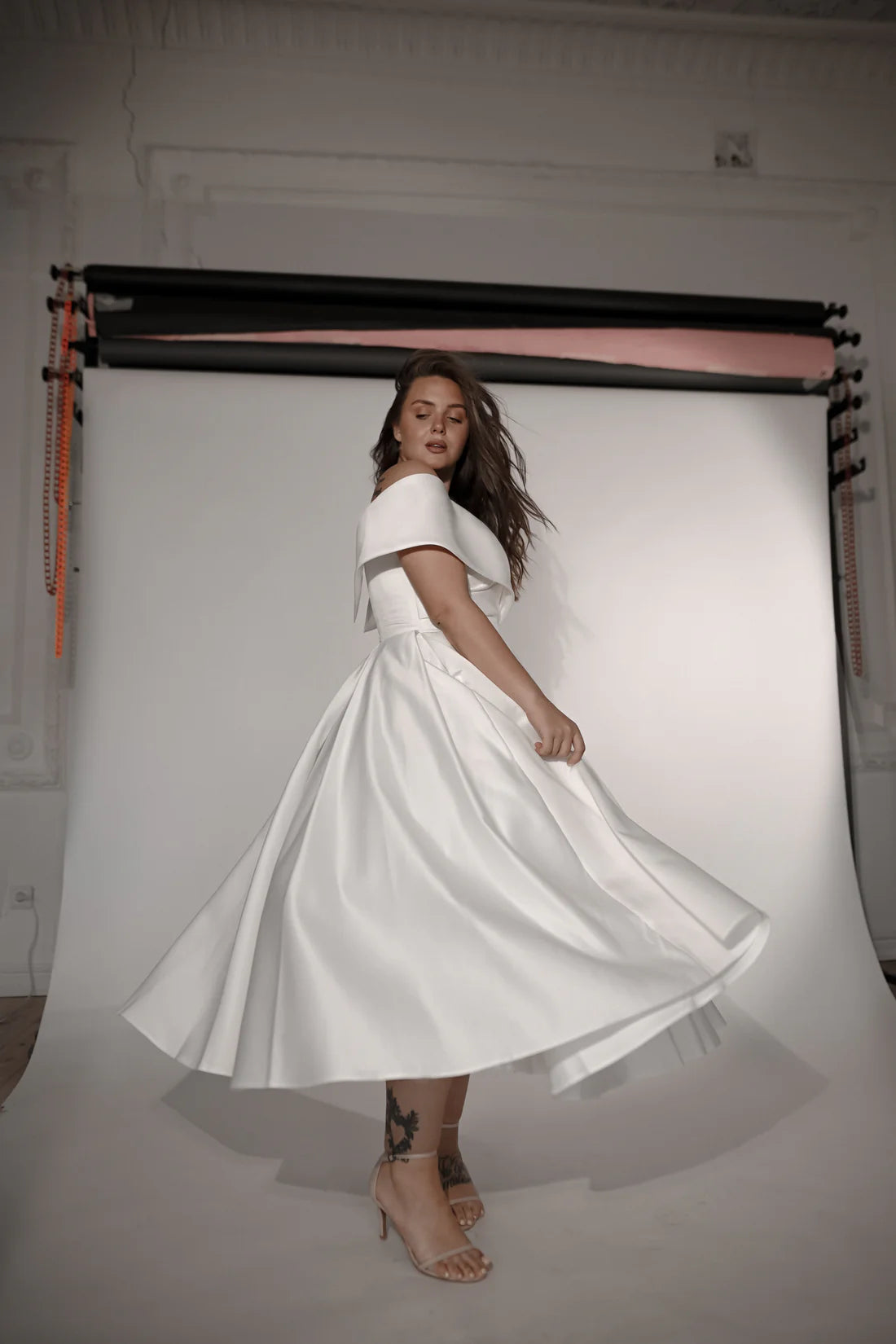 Stylish A Line off-the-shoulder Neck Cap Sleeve Lace-Up Midi-Length Wedding Dress