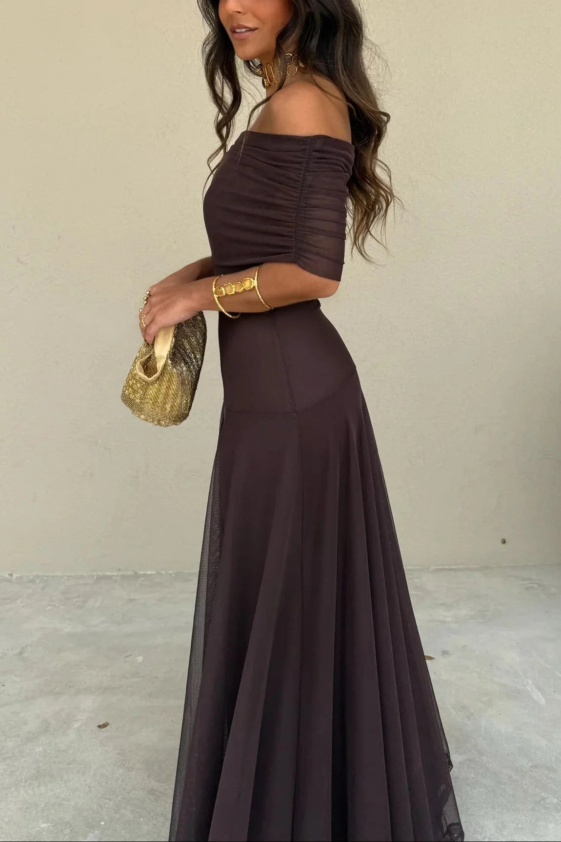 Sultry Floor-Length Off-The-Shoulder Ruched Mesh Wedding Guest Dress
