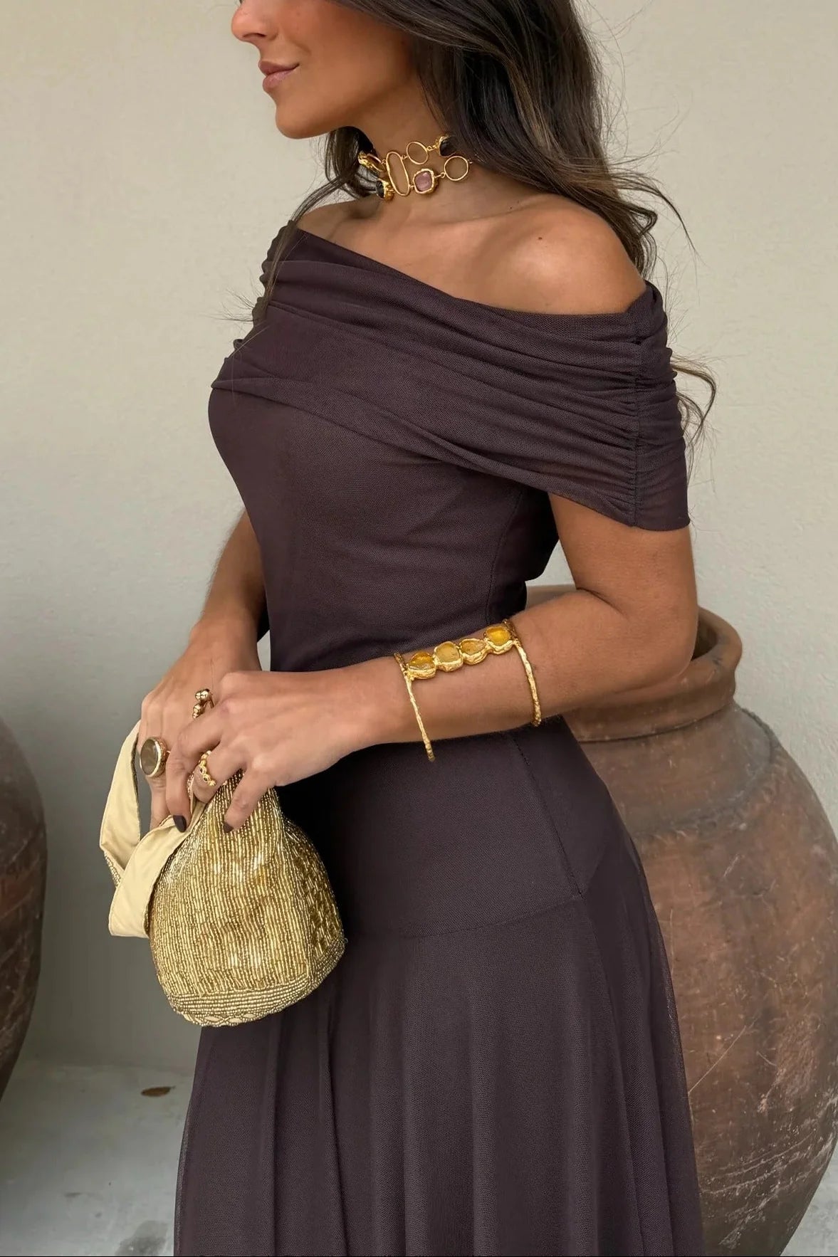 Sultry Floor-Length Off-The-Shoulder Ruched Mesh Wedding Guest Dress
