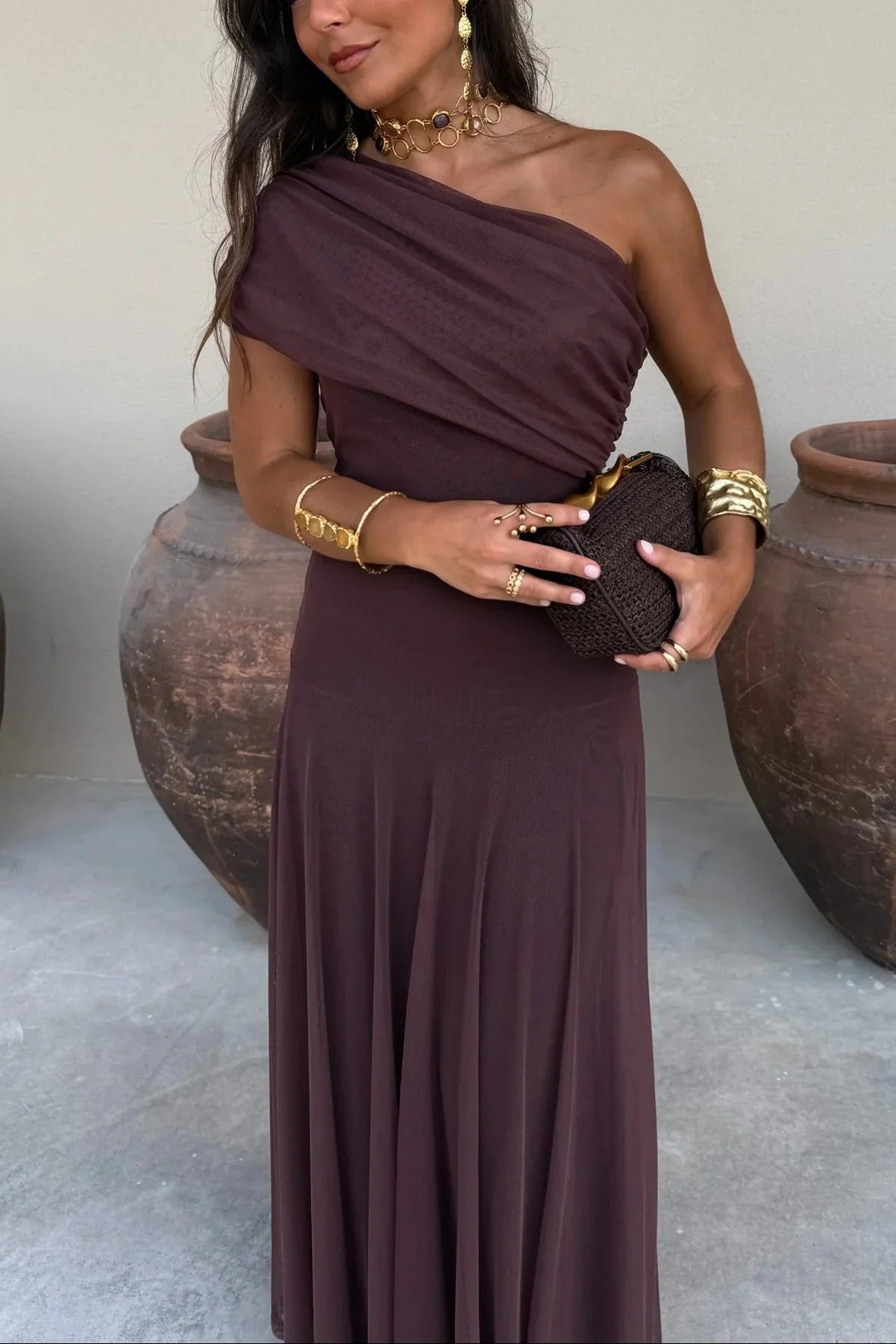 Sultry Floor-Length Off-The-Shoulder Ruched Mesh Wedding Guest Dress