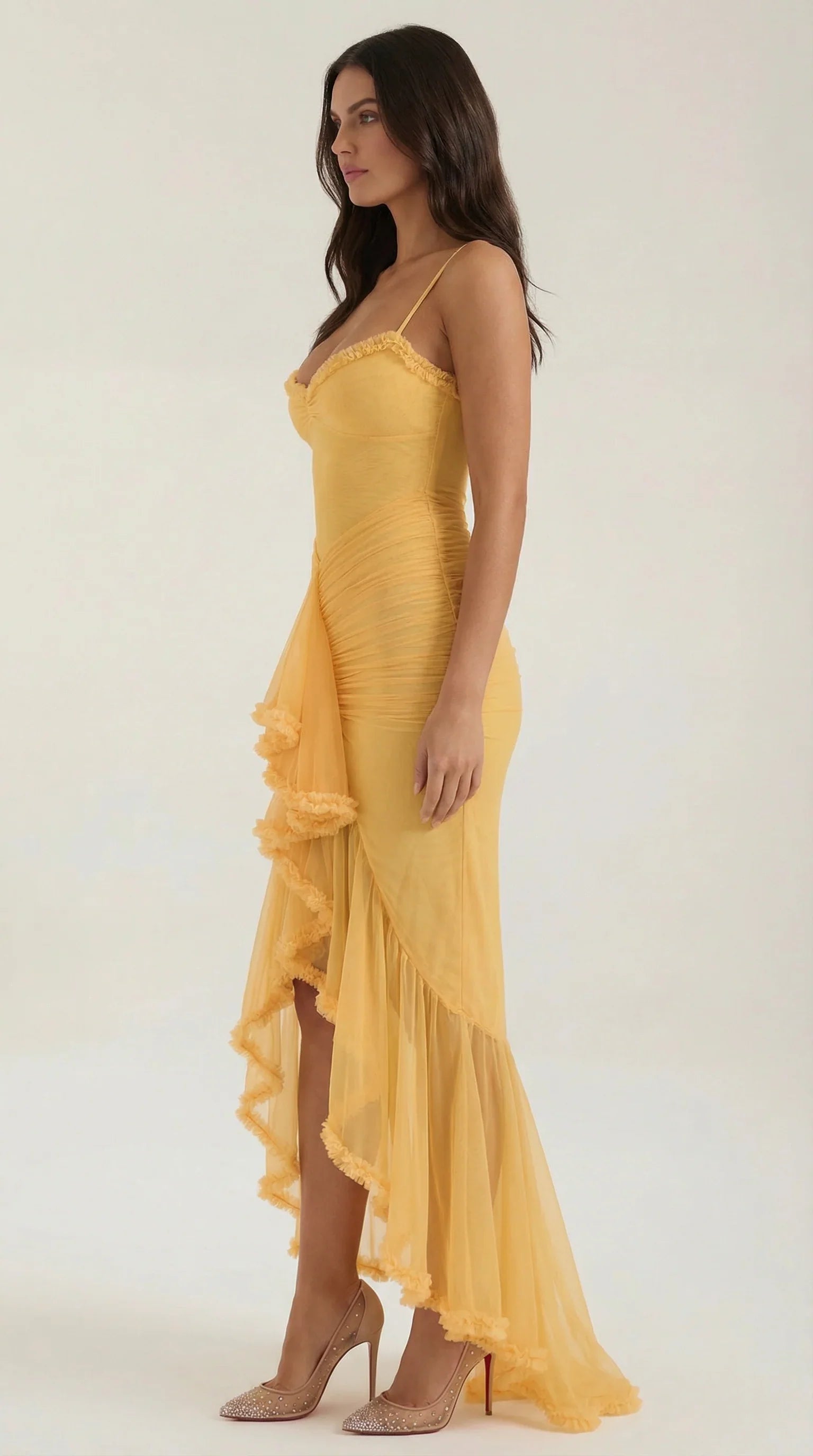 Sunny Floor-Length Spaghetti-Strap Ruched High-Slit Asymmetric Ruffled Wedding Guest Dress