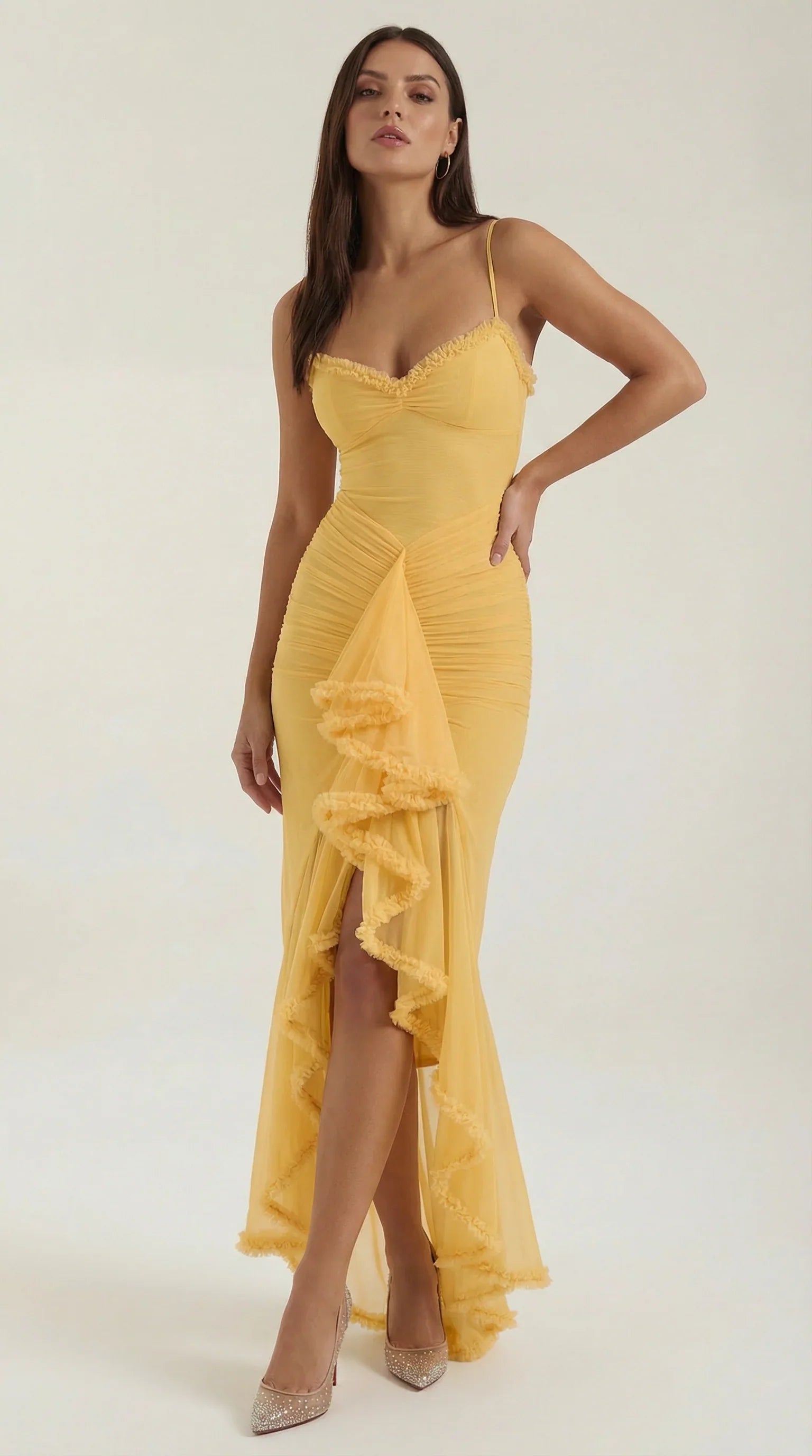 Sunny Floor-Length Spaghetti-Strap Ruched High-Slit Asymmetric Ruffled Wedding Guest Dress