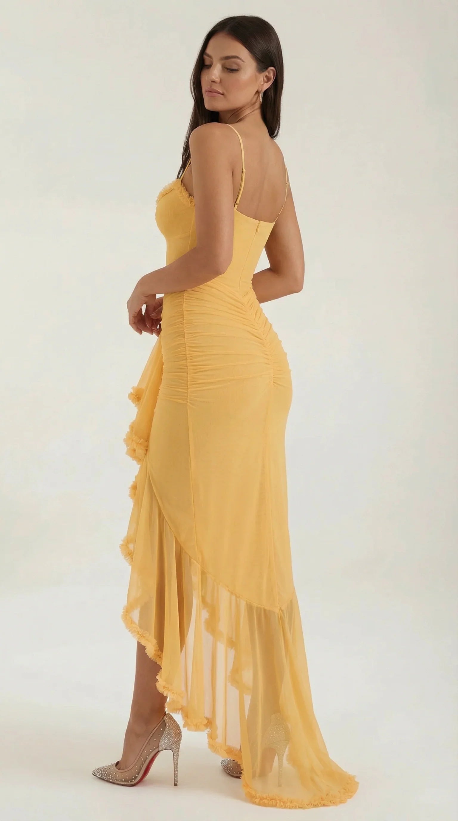 Sunny Floor-Length Spaghetti-Strap Ruched High-Slit Asymmetric Ruffled Wedding Guest Dress