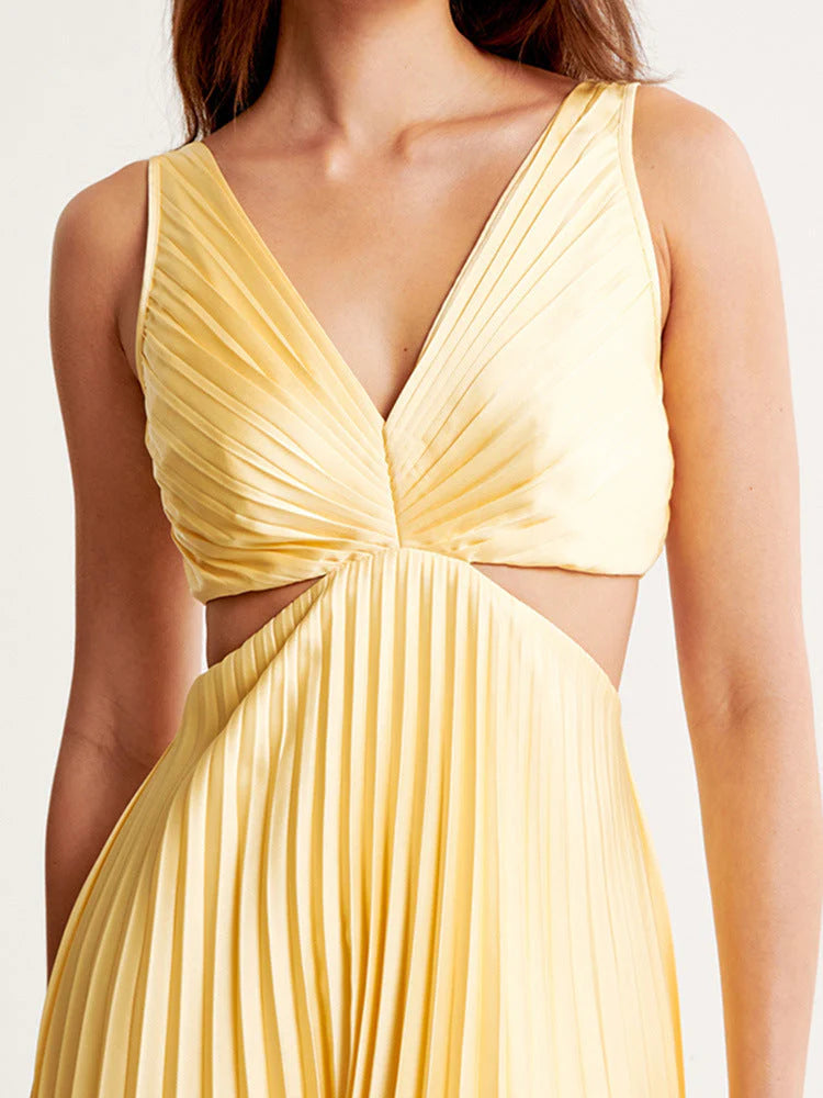 Sunny Midi V-Neck Sleeveless Pleated Cutout Wedding Guest Dress