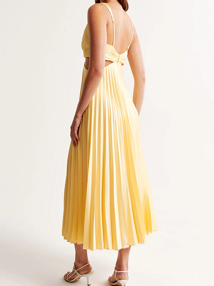 Sunny Midi V-Neck Sleeveless Pleated Cutout Wedding Guest Dress