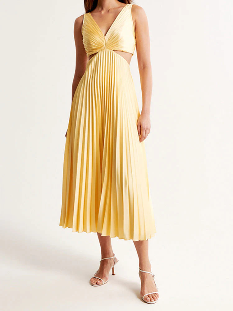Sunny Midi V-Neck Sleeveless Pleated Cutout Wedding Guest Dress