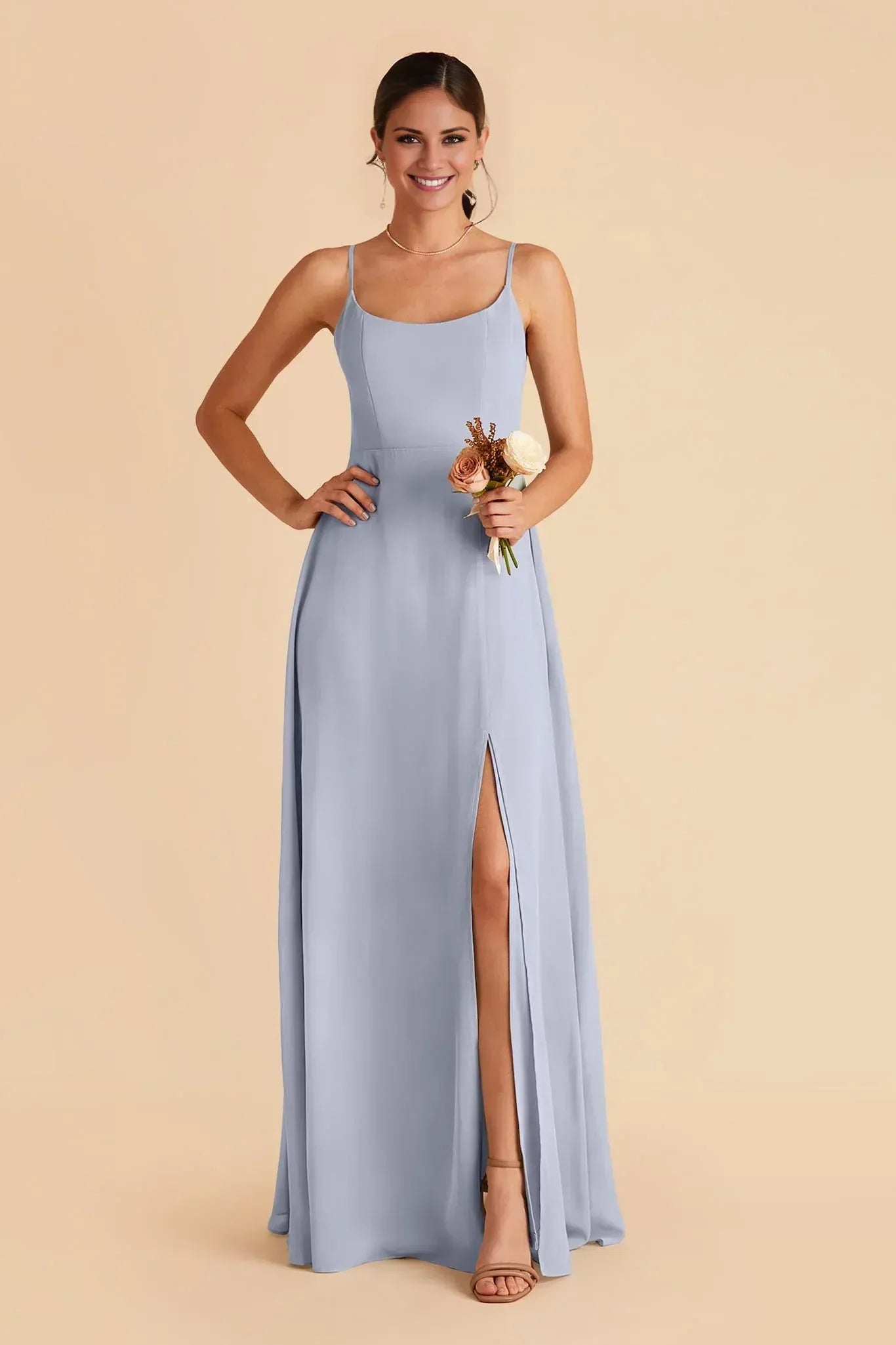 Sweet A Line Scoop Neck Spaghetti Strap Plain Back Floor Length Wedding Bridesmaid Dress