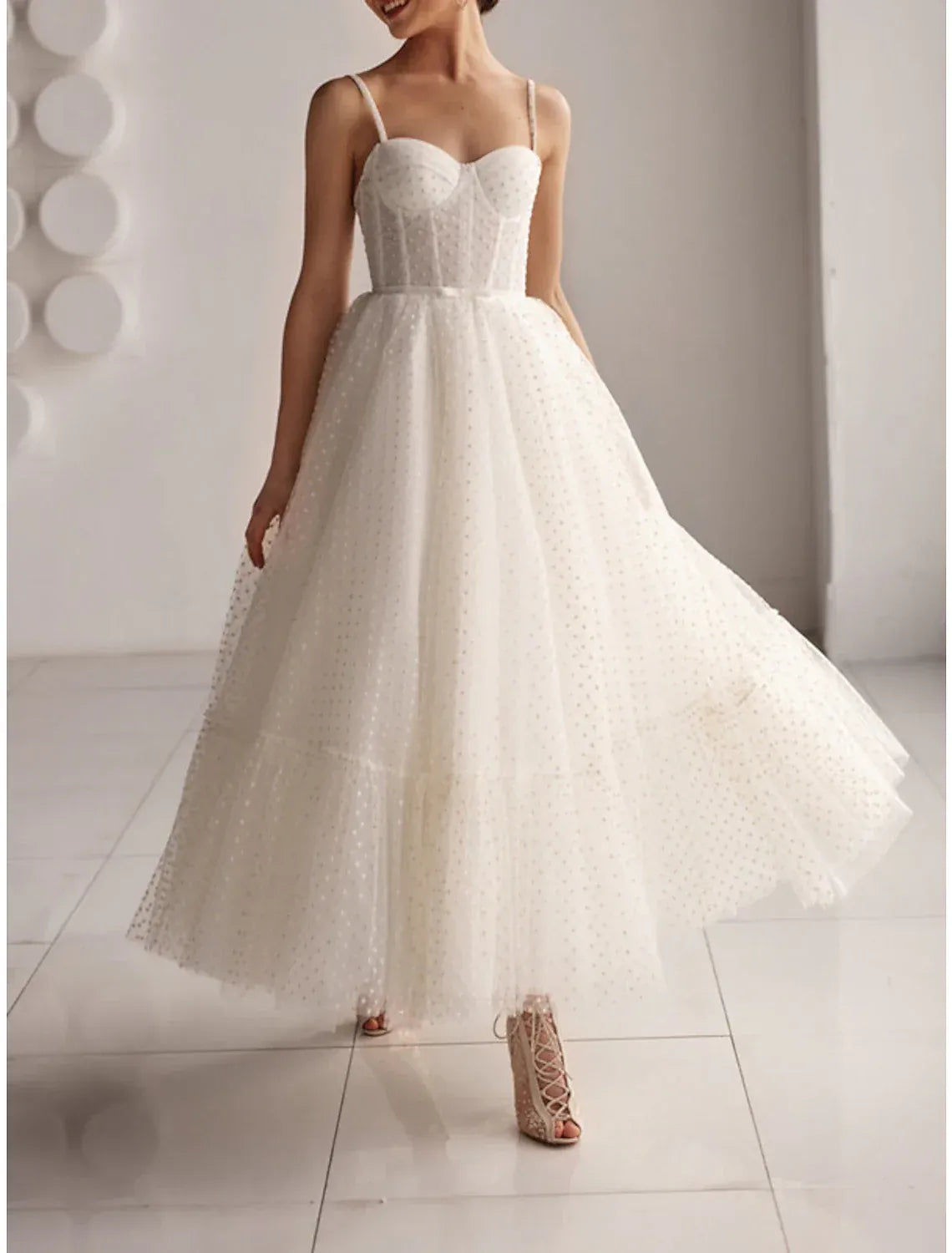 Sweet Thin Spaghetti Strap Sweetheart Corset Polka Dot Tulle Midi A-Line Wedding Dress With Lace-Up Back Tiered Skirt
