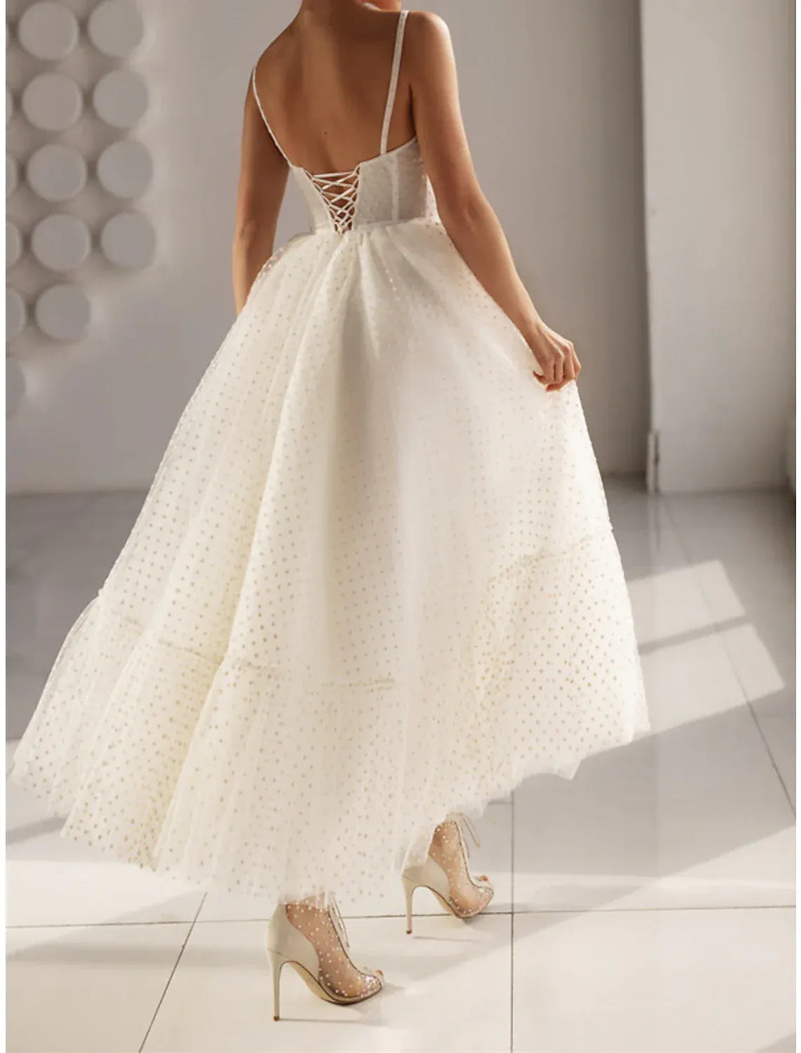 Sweet Thin Spaghetti Strap Sweetheart Corset Polka Dot Tulle Midi A-Line Wedding Dress With Lace-Up Back Tiered Skirt