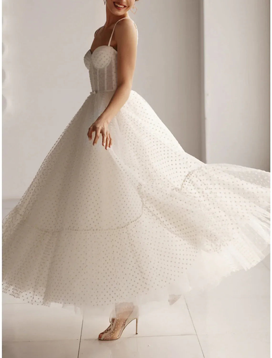 Sweet Thin Spaghetti Strap Sweetheart Corset Polka Dot Tulle Midi A-Line Wedding Dress With Lace-Up Back Tiered Skirt
