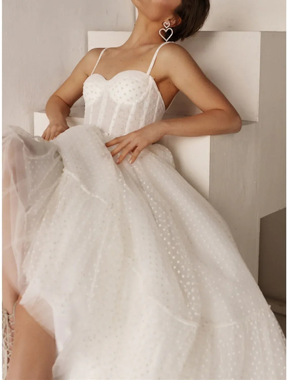 Sweet Thin Spaghetti Strap Sweetheart Corset Polka Dot Tulle Midi A-Line Wedding Dress With Lace-Up Back Tiered Skirt