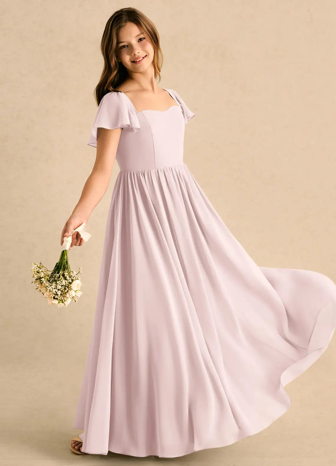 Sweetheart Flutter Short Sleeve Dusty Lavender Chiffon Full-Length Junior Bridesmaid Dresses with Lace-Up Back
