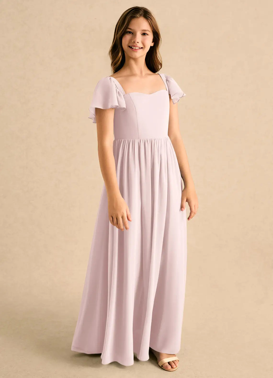 Sweetheart Flutter Short Sleeve Dusty Lavender Chiffon Full-Length Junior Bridesmaid Dresses with Lace-Up Back