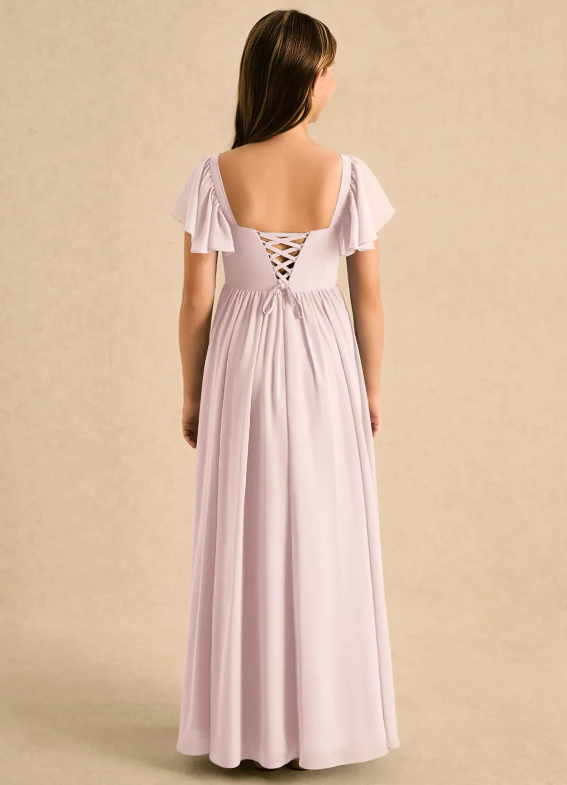 Sweetheart Flutter Short Sleeve Dusty Lavender Chiffon Full-Length Junior Bridesmaid Dresses with Lace-Up Back