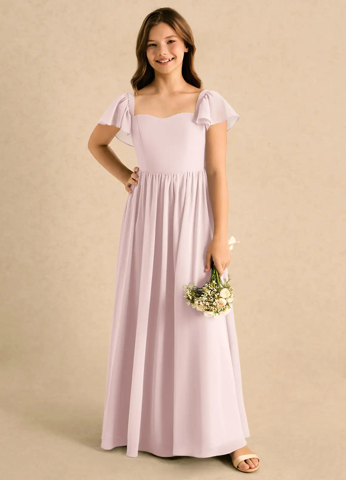 Sweetheart Flutter Short Sleeve Dusty Lavender Chiffon Full-Length Junior Bridesmaid Dresses with Lace-Up Back