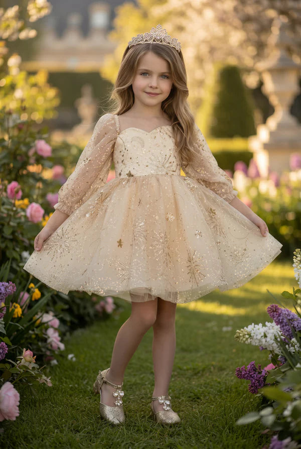 Sweetheart Neck 3/4 Puff Sleeve Champagne Gold Star Glitter Tulle Short Flower Girl Dresses