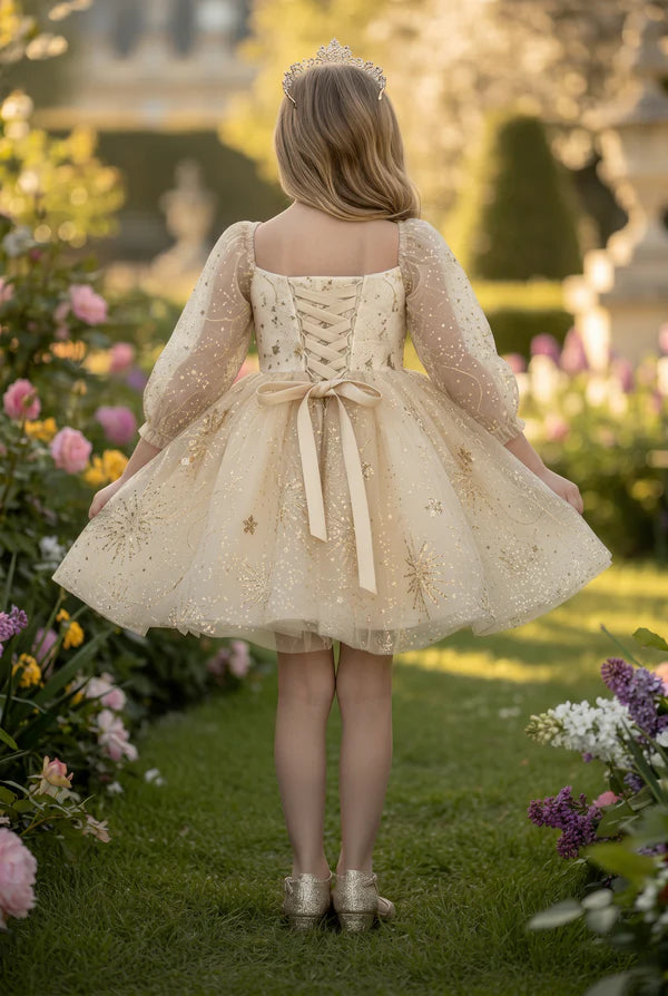 Sweetheart Neck 3/4 Puff Sleeve Champagne Gold Star Glitter Tulle Short Flower Girl Dresses