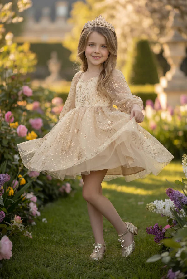 Sweetheart Neck 3/4 Puff Sleeve Champagne Gold Star Glitter Tulle Short Flower Girl Dresses