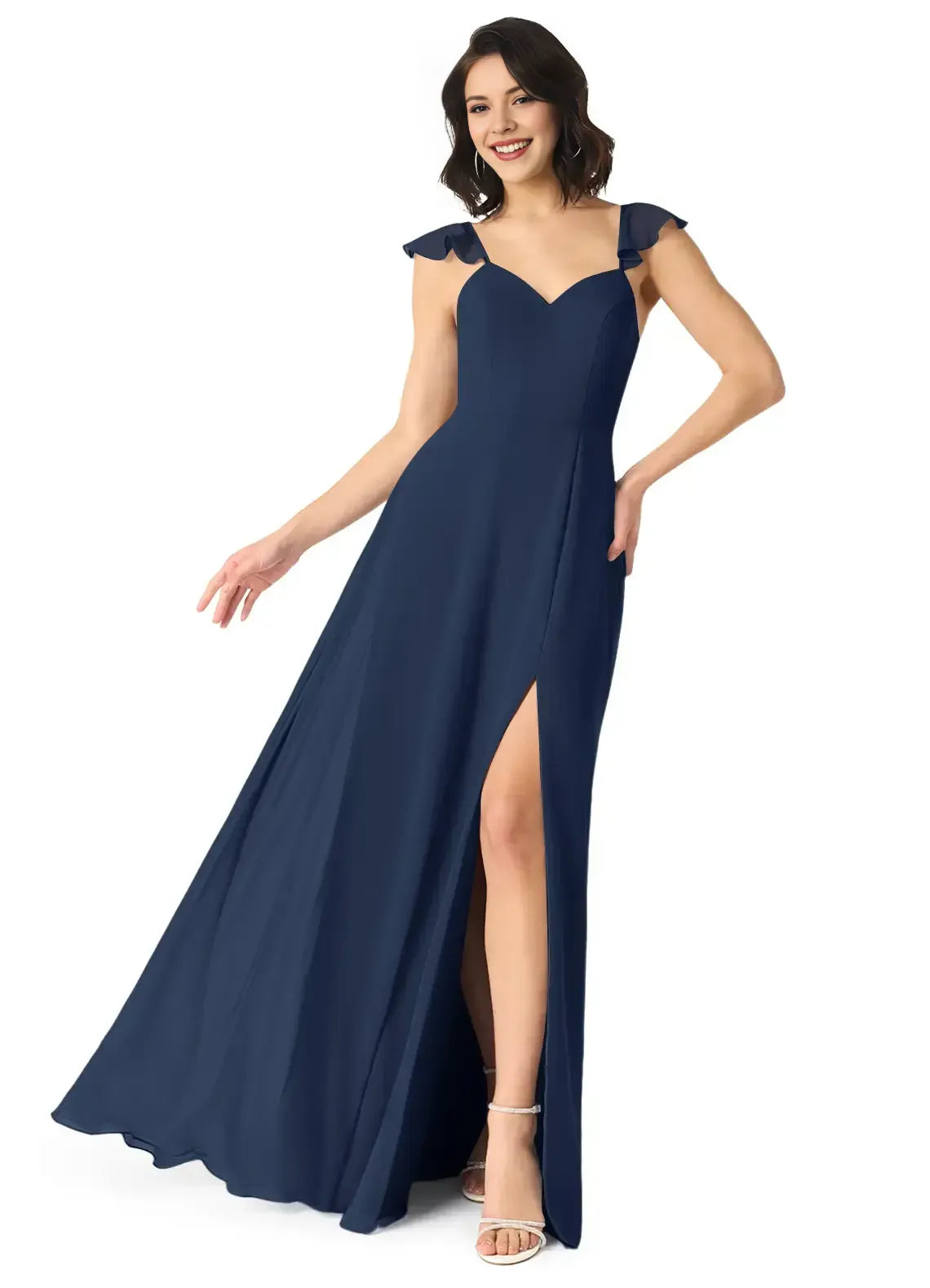 Sweetheart Ruffle Strap Open Back Bow Tie High Slit A Line Chiffon Long Bridesmaid Dress