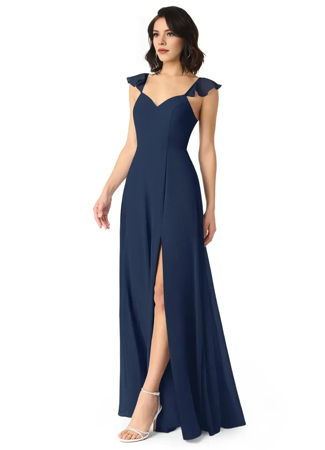 Sweetheart Ruffle Strap Open Back Bow Tie High Slit A Line Chiffon Long Bridesmaid Dress