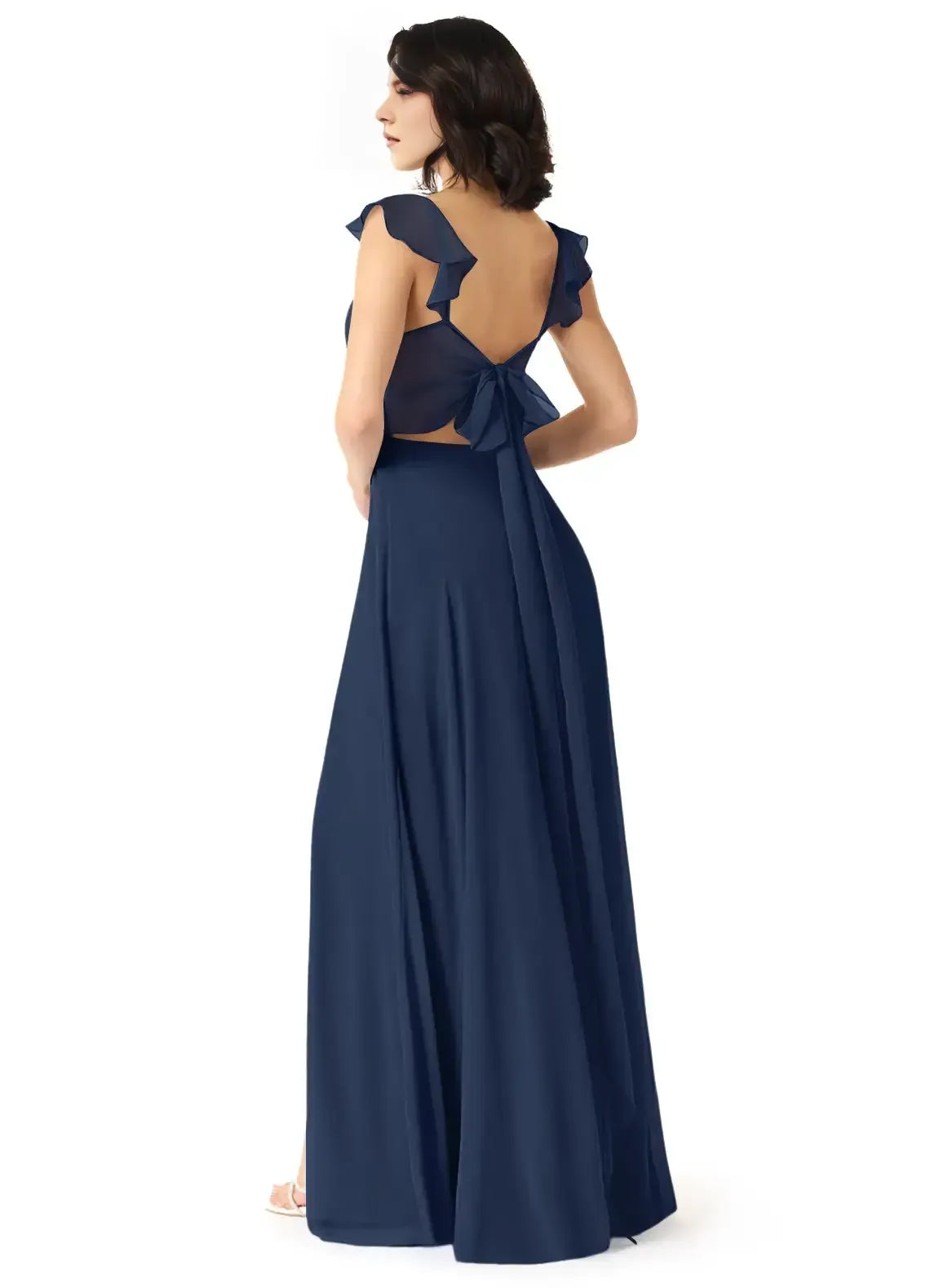 Sweetheart Ruffle Strap Open Back Bow Tie High Slit A Line Chiffon Long Bridesmaid Dress