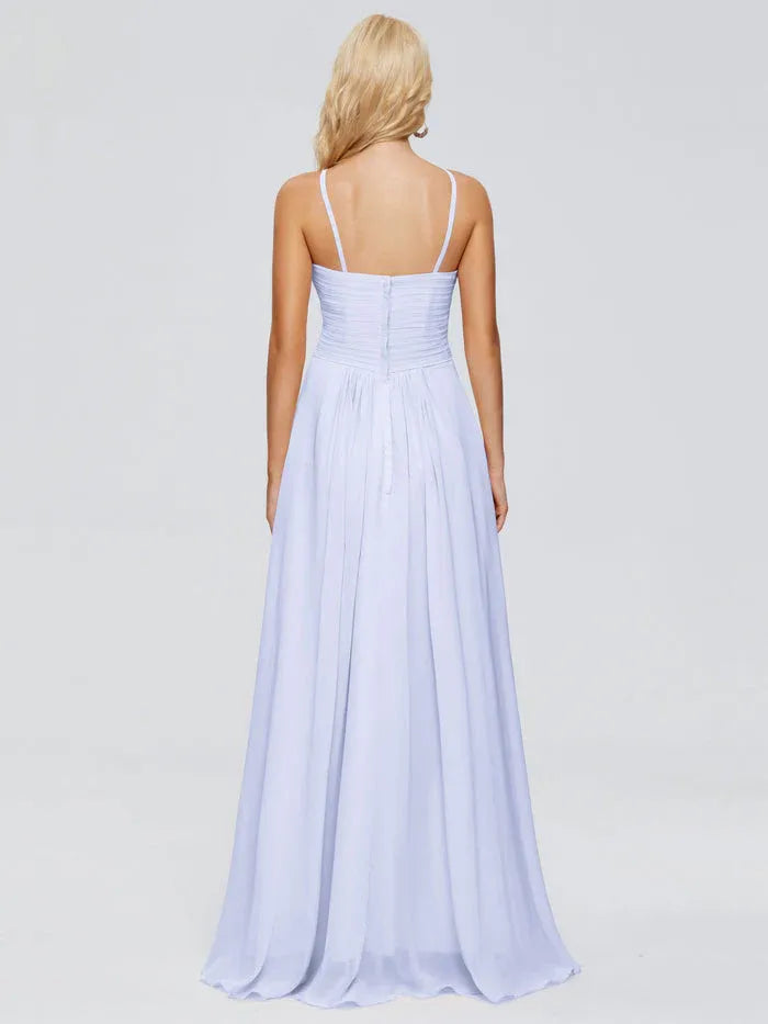 Sweetheart Spaghetti Strap Cross Ruched Side Ruffle A Line Chiffon Long Bridesmaid Dress