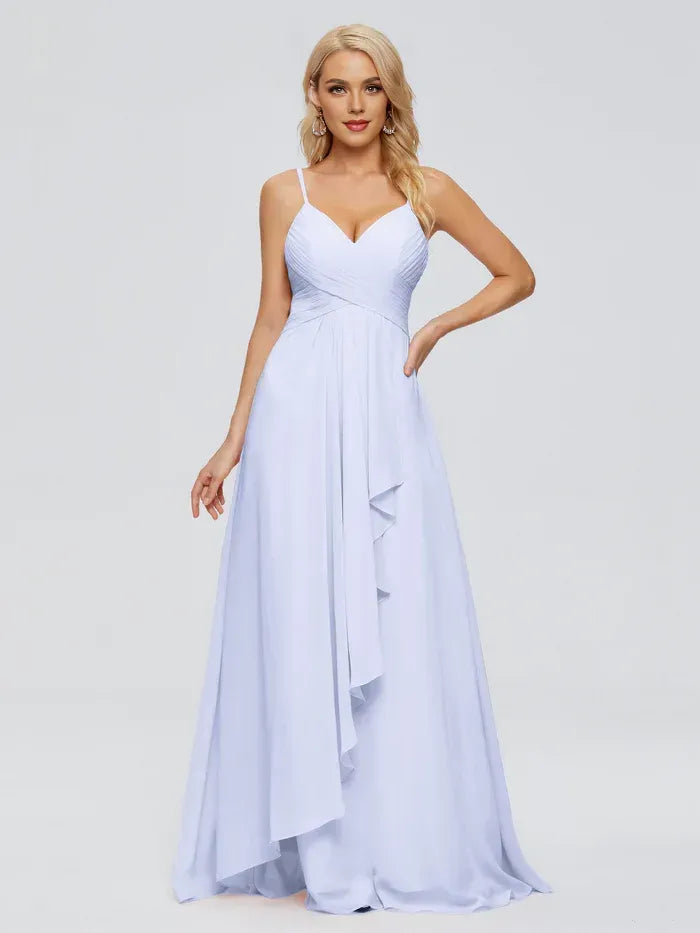 Sweetheart Spaghetti Strap Cross Ruched Side Ruffle A Line Chiffon Long Bridesmaid Dress