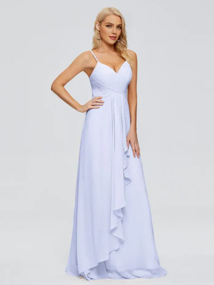 Sweetheart Spaghetti Strap Cross Ruched Side Ruffle A Line Chiffon Long Bridesmaid Dress