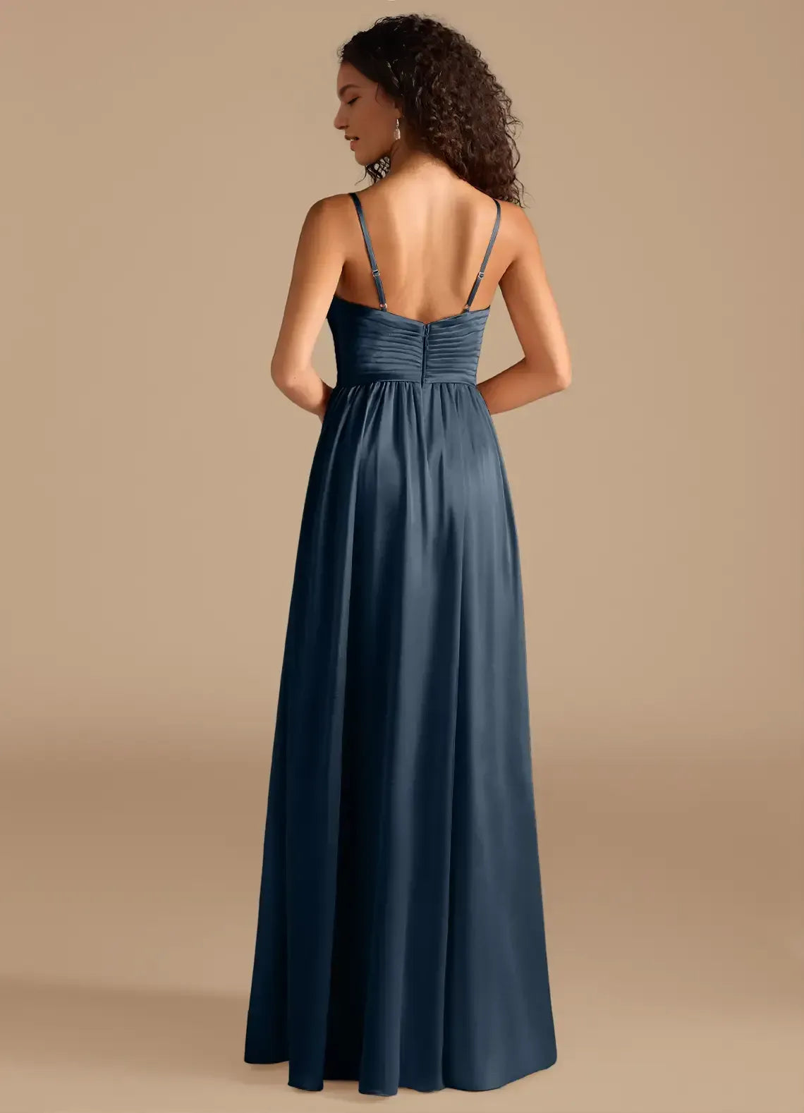 Sweetheart Spaghetti Strap Pleated Empire Waist High Slit Pocket A Line Satin Long Bridesmaid Dress