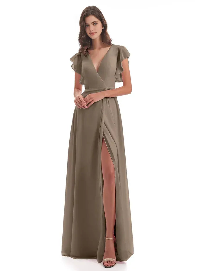 Taupe Flutter Short Sleeve Surplice Wrap High Slit Floor Length A Line Chiffon Bridesmaid Dress