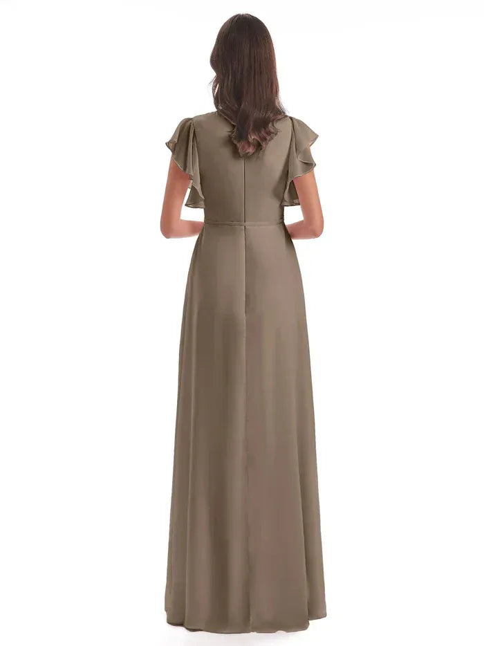 Taupe Flutter Short Sleeve Surplice Wrap High Slit Floor Length A Line Chiffon Bridesmaid Dress