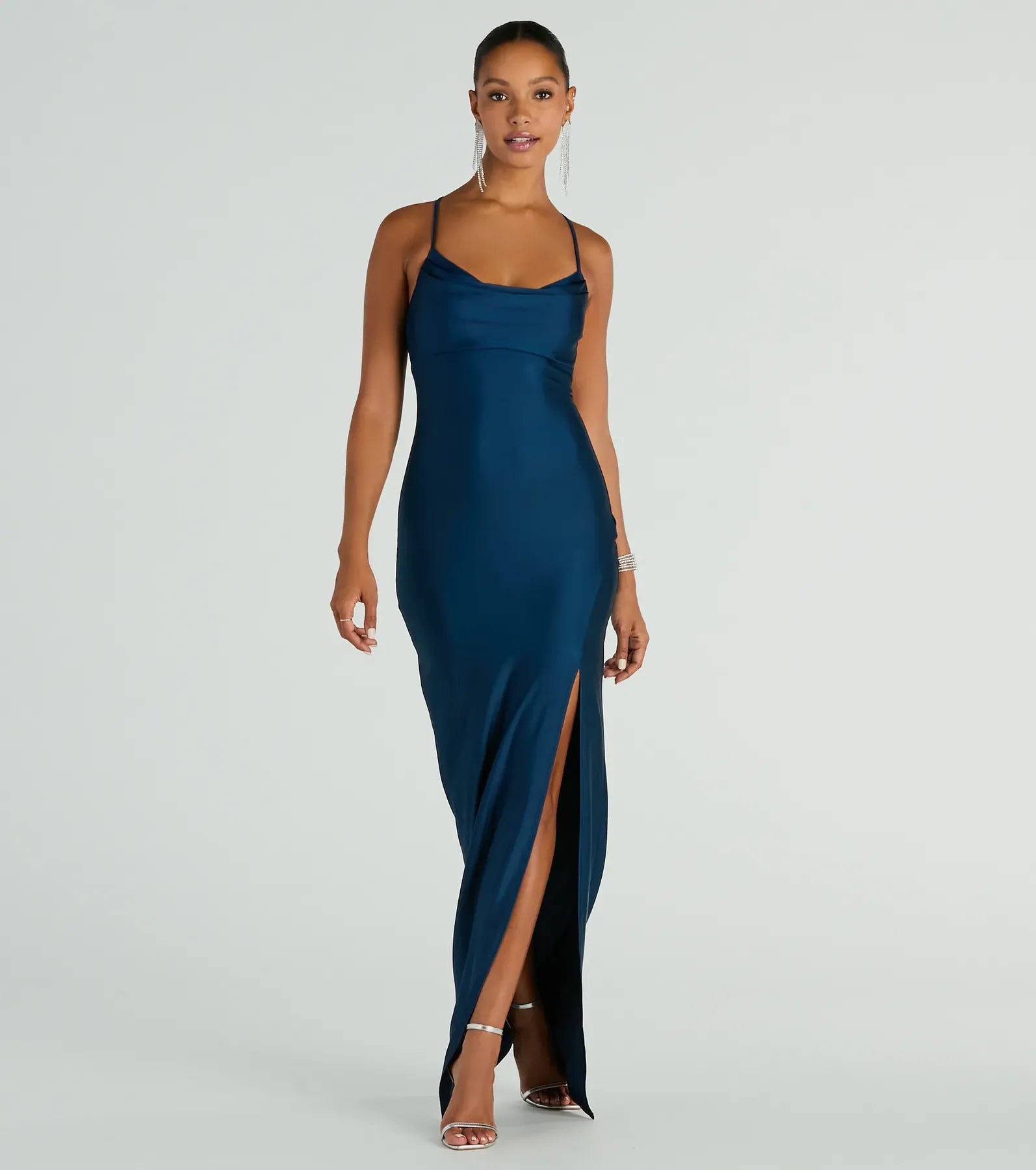 Teal Spaghetti Strap Cowl Lace-Up Back Slit Mermaid Maxi Wedding Guest Dress
