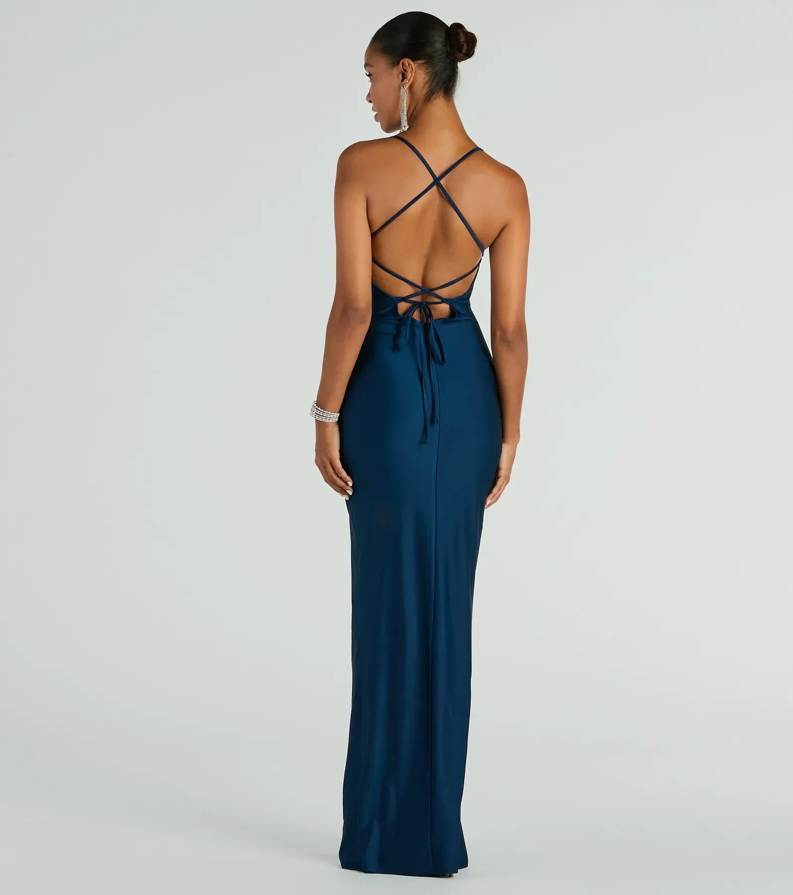 Teal Spaghetti Strap Cowl Lace-Up Back Slit Mermaid Maxi Wedding Guest Dress