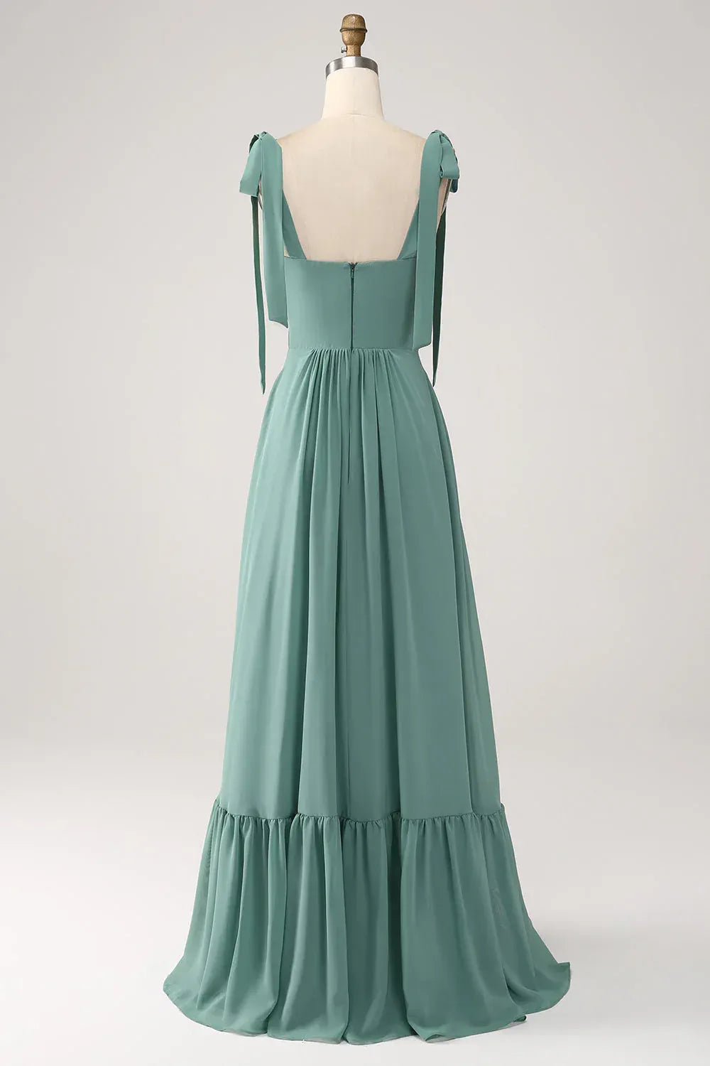 Teal‑Green Chiffon Tie‑Shoulder Square‑Neck Tiered‑Ruffle A‑Line Bridesmaid Dresses