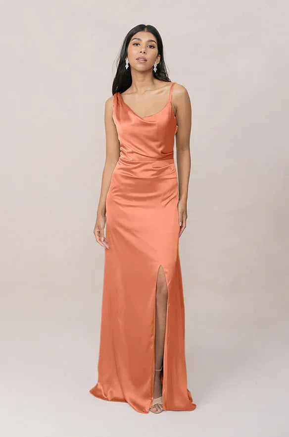Terracotta Asymmetrical Strap Cowl Neck High Slit Satin Bridesmaid Dress