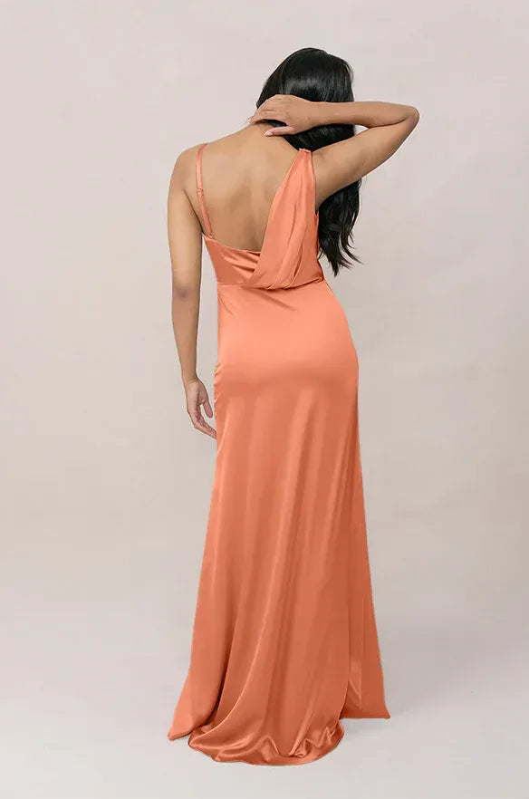 Terracotta Asymmetrical Strap Cowl Neck High Slit Satin Bridesmaid Dress
