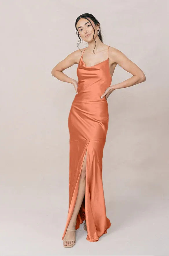 Terracotta Cowl Neck Lace-Up Back High Slit Mermaid Bridesmaid Dress