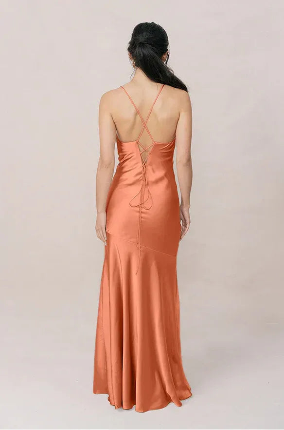 Terracotta Cowl Neck Lace-Up Back High Slit Mermaid Bridesmaid Dress
