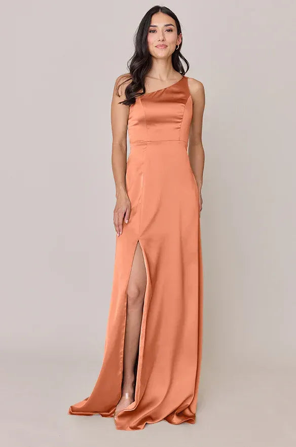 Terracotta One-Shoulder Asymmetrical Strap High Slit Satin Bridesmaid Dress