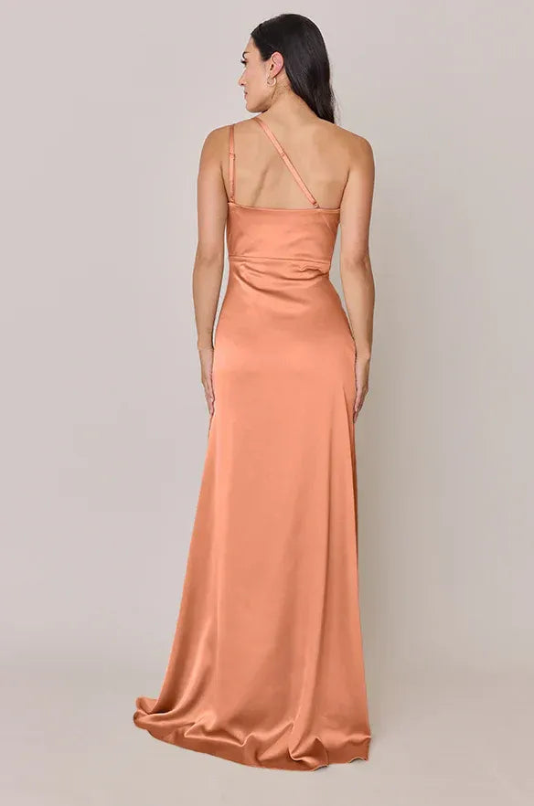 Terracotta One-Shoulder Asymmetrical Strap High Slit Satin Bridesmaid Dress