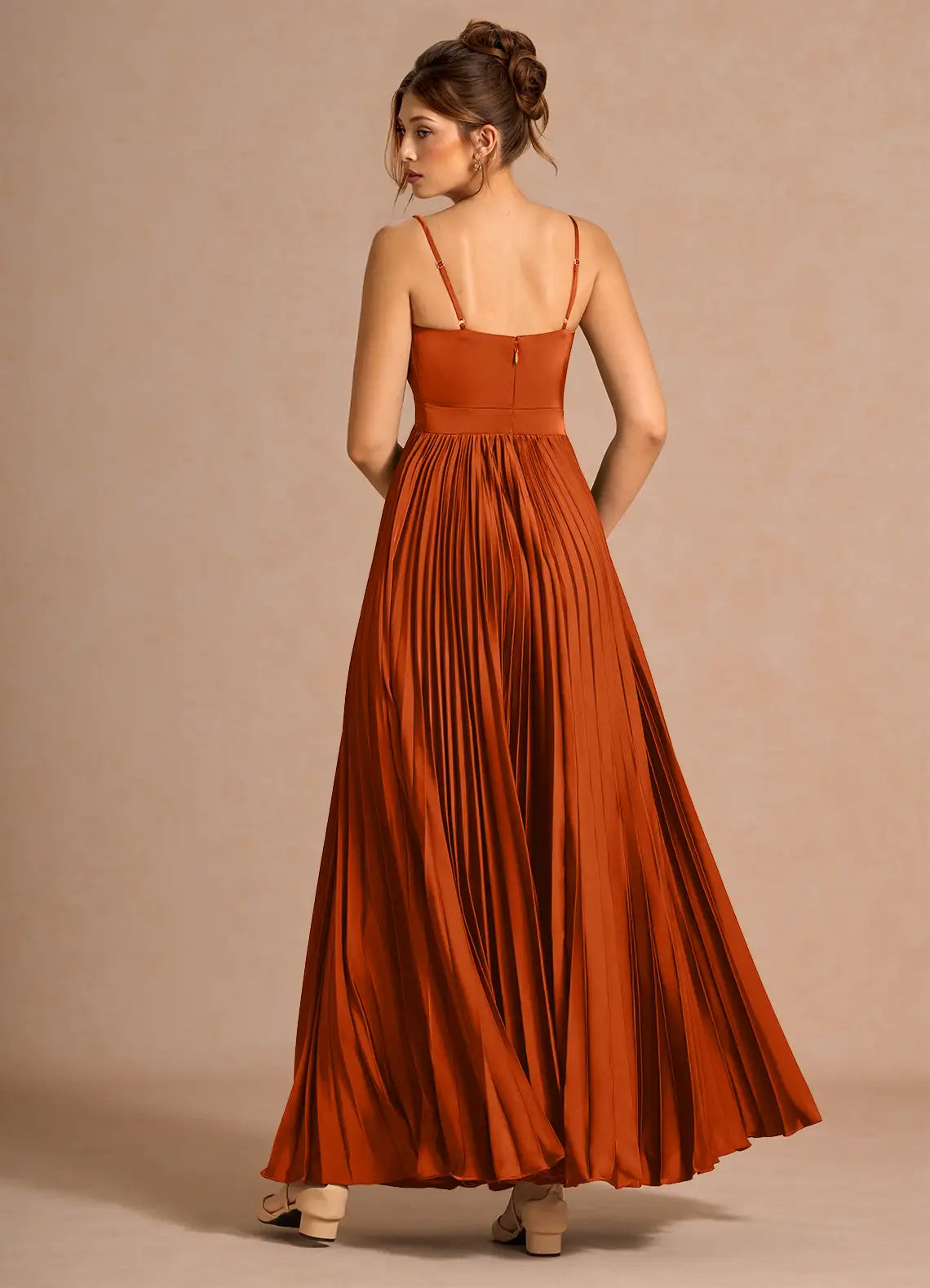 Terracotta Spaghetti Strap Sweetheart Tie Pleated Satin A-Line Maxi Bridesmaid Dress